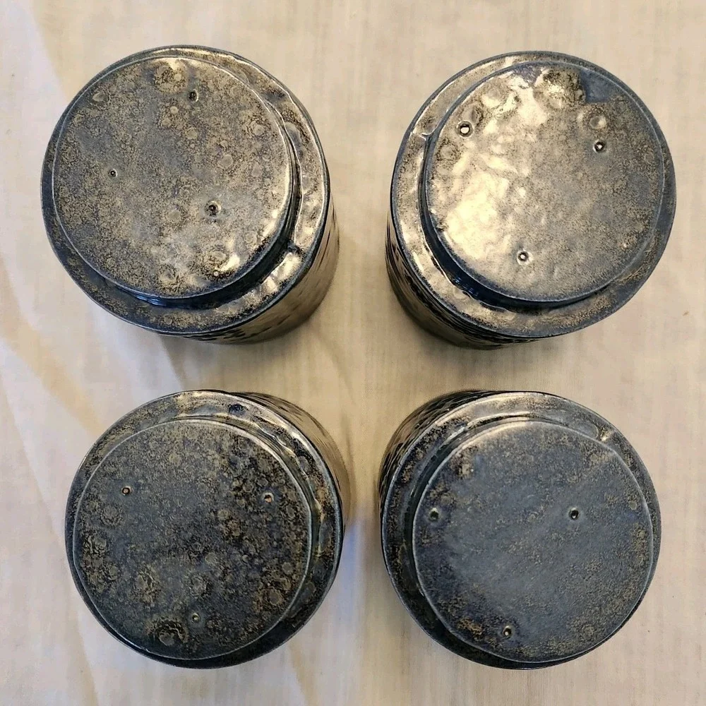 Vtg Set of 4 Tiki Mug Glass Cup Dark Blue Metallic Glaze Glossy Hawaiian Beach